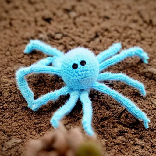 Image similar to cute fluffy light blue color spider crochet doll standing on sand, hyperrealistic photograph, highly detailed, tactile, 8k, close up, macro