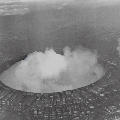 Image similar to a large nuclear crater in manhattan, there is smoking coming from the city, taken from a plane, realistic, taken on a ww 2 camera.