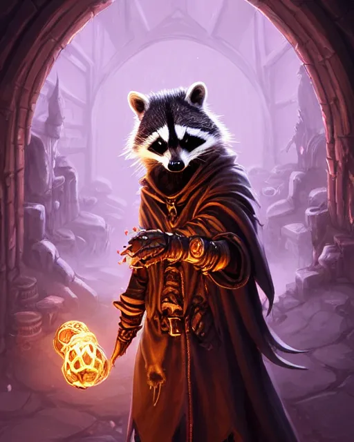 Image similar to anthropomorphic hooded necromancer raccoon casting a spell in a dungeon, deep focus, d & d, fantasy, intricate, elegant, highly detailed, digital painting, artstation, concept art, matte, sharp focus, illustration, hearthstone, art by artgerm and greg rutkowski and alphonse mucha