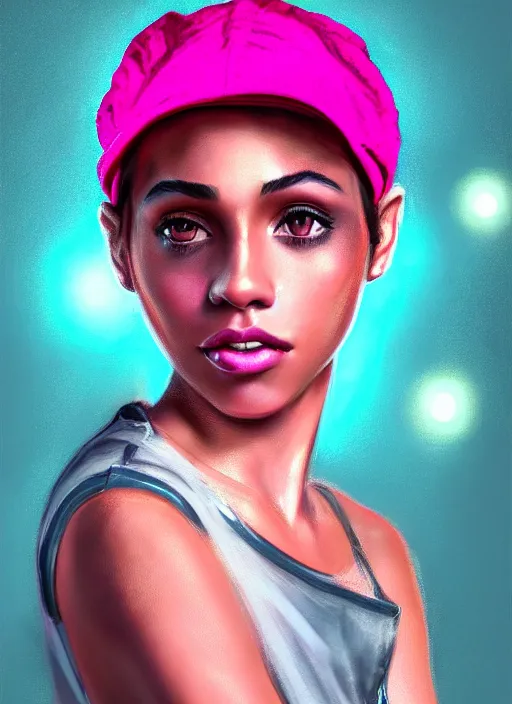 Image similar to portrait of teenage vanessa morgan with bright pink hair, black girl, curly pixie cut hair, wearing newsboy cap, pink short haircut, newsboy cap, hoop earrings, blue eyes, intricate, elegant, glowing lights, highly detailed, digital painting, artstation, concept art, smooth, sharp focus, illustration, art by wlop, mars ravelo and greg rutkowski