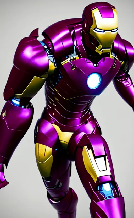 Image similar to iron man's suit but the color scheme is royal purple and gold, octane render, photorealistic, realistic shading, cinematic, detailed textures