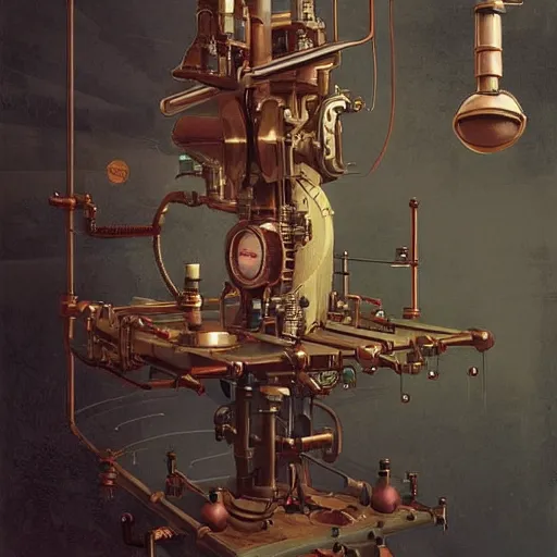 Image similar to A random pointless contraption ((steampunk)) industrial appliance pneumatic machine with no apparent purpose, being operated by a scholarly looking man with a clear directed gaze, artwork by Sergey Kolesov