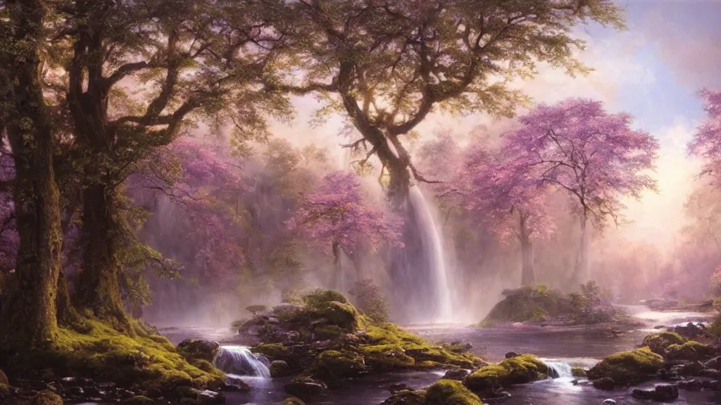 Image similar to the most beautiful panoramic landscape, oil painting, where a giant dreamy waterfall creates a river, the trees around are starting to bloom in pink and purple colors, a majestic deer is in close - up and it is under a giant tree while it is exhaling steam, the ray lights of the sunrise are brightening him, by greg rutkowski