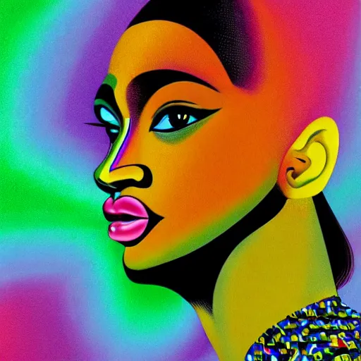 Image similar to closeup portrait of a black woman with yellow eyes and a rainbow background, digital art by tomokazu matsuyama, by ed paschke, by agnes pelton, by patrick nagel, behance contest winner, generative art, irridescent, holography, neon, dark art, retrowave, grain, androgynous, black background