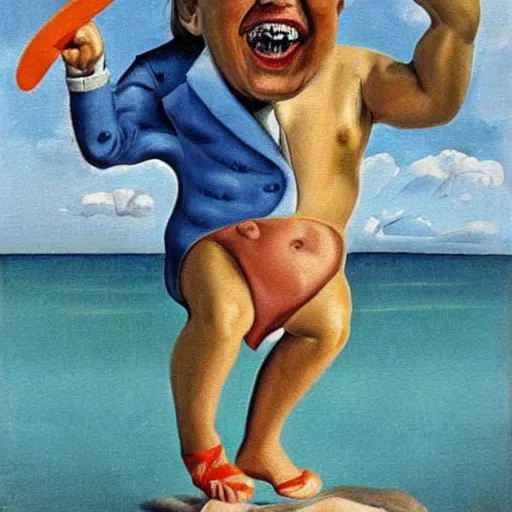 Image similar to tiny person is laughing and pointing at donald trump in a swimsuit.. painting by salvador dali.