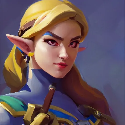 Image similar to greg manchess portrait painting of zelda as overwatch character, medium shot, asymmetrical, profile picture, organic painting, sunny day, matte painting, bold shapes, hard edges, street art, trending on artstation, by huang guangjian and gil elvgren and sachin teng