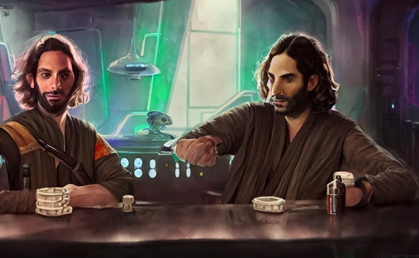 Image similar to a realistic star wars watercolor fantasy concept art of a drug dealer that looks like chris d'elia in a sleazy futuristic bar of coruscant, hq, 4 k