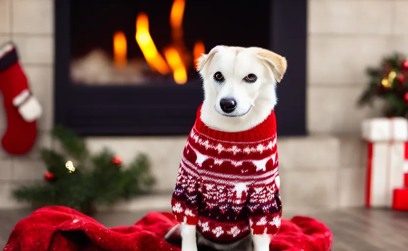 Image similar to ultra detailed studio photography of a dog wearing a woolen christmas sweater with a fireplace background, detailed face, cinematic lighting, 8 k