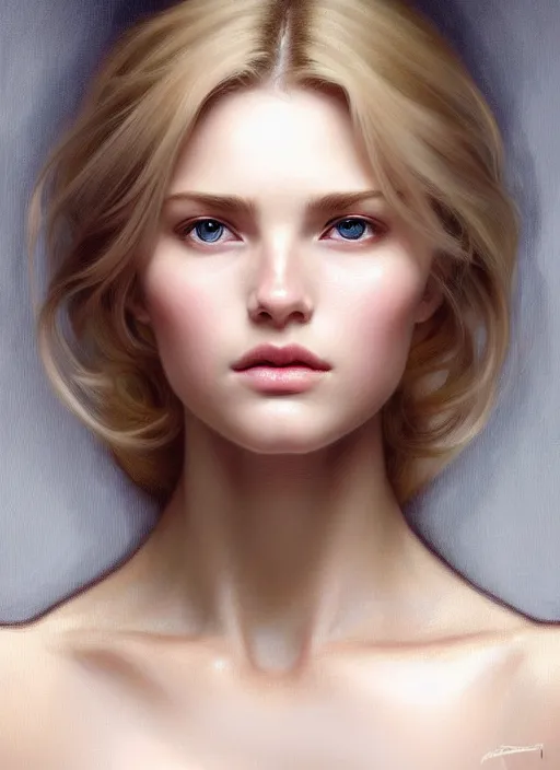 Prompt: face of feminine perfection!! concept art portrait of young wife blessed by god to uncontrollably become overwhelmingly perfect, blonde, symmetrical! intricate, sensual features, highly detailed, biblical!! holy perfection!! digital painting, artstation, smooth, sharp focus, illustration, art by artgerm and greg rutkowski and alphonse mucha