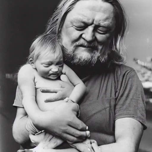 Image similar to robert wyatt cradling a goblin like a baby, photograph