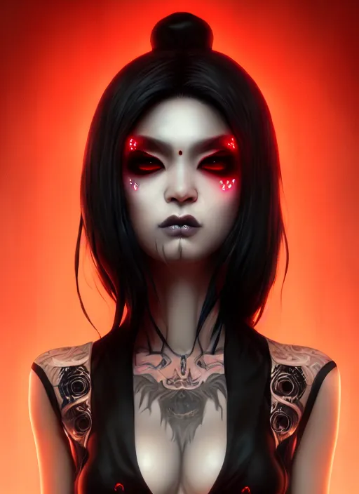 Image similar to soft lustrous ebony geisha seductive raver yakuza gothic cyborg, decay, underworld, dark fantasy, dark art, highly detailed, digital painting, octane render, artstation, concept art, smooth, sharp focus, illustration, art by artgerm, loish, wlop