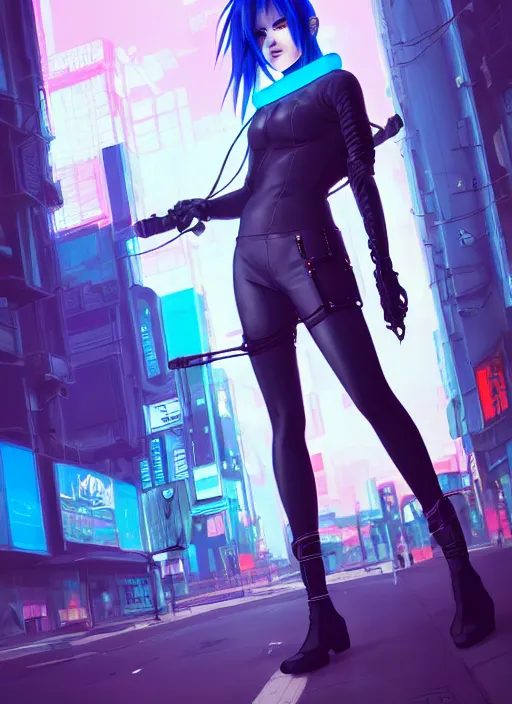 Image similar to hyper realistic photograph portrait of cyberpunk pretty girl with blue hair, wearing a full leather outfit, holding a whip, in city street at night, by makoto shinkai, ilya kuvshinov, lois van baarle, rossdraws, basquiat