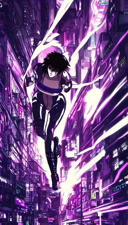 Image similar to mokoto kusanagi from ghost in the shell running in cyberpunk tokyo by night, digital hand drawing and coloring, anime style, highly detailed, neons lights