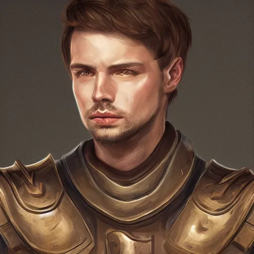 Image similar to realistic portrait, 30 year old man :: athletic, brown hair, metal armour, majestic, authority, sword :: high detail, digital art, RPG, concept art, illustration