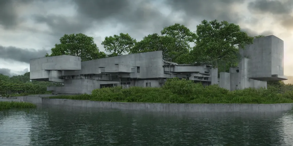 Image similar to a stunningly detailed arts center designed by Le Corbusier, surrounded by lush green forest, ponds of water, stunning volumetric lighting, sunset, metal, concrete, stunning skies, trending on Artstation, 8k, photorealistic, hyper detailed, unreal engine 5, IMAX quality, cinematic, epic lighting, in the style of Greg Rutkowski