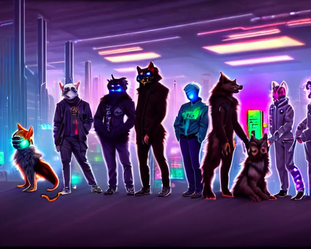 Image similar to high - resolution photograph from a cyberpunk era furry fandom convention ( midwest furfest 2 0 4 7 ), taking place after the genetic revolution and quantum singularity. photorealistic.