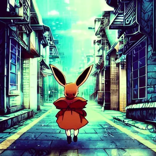 Image similar to screenshot from an anime about eevee wearing wizard robes and wandering an empty street alone, anime, 8 0 s, vhs, vhs effects, art by yuji ikehata