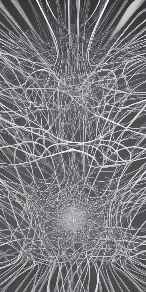 Image similar to awe symmetrical highly sophisticated highly intricated generative flow fields curve ornate network wood Sagrada Familia ceiling continuous landscape flow, dezeen, Zaha Hadid, hyper realistic pastel light gray dark gray and white, ultra detailed, parametric architecture, 8k, epic cinematic detailed, 3D
