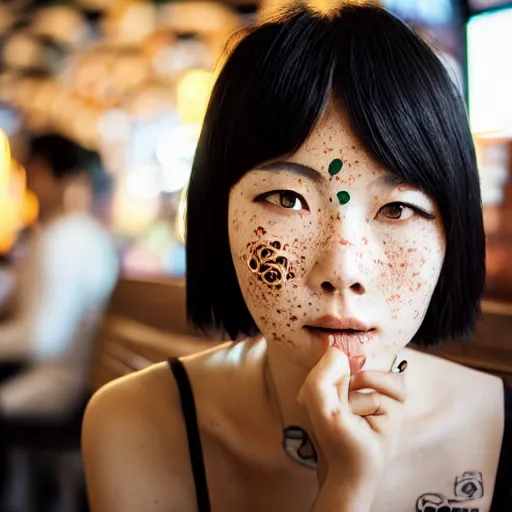 Prompt: woman sitting in a cafe in China, artwork by guweiz, short black hair, freckles, face tattoos, futuristic, cyberpunk face mods, sigma 85mm f/1.4, 4k, depth of field, unreal engine, stylized