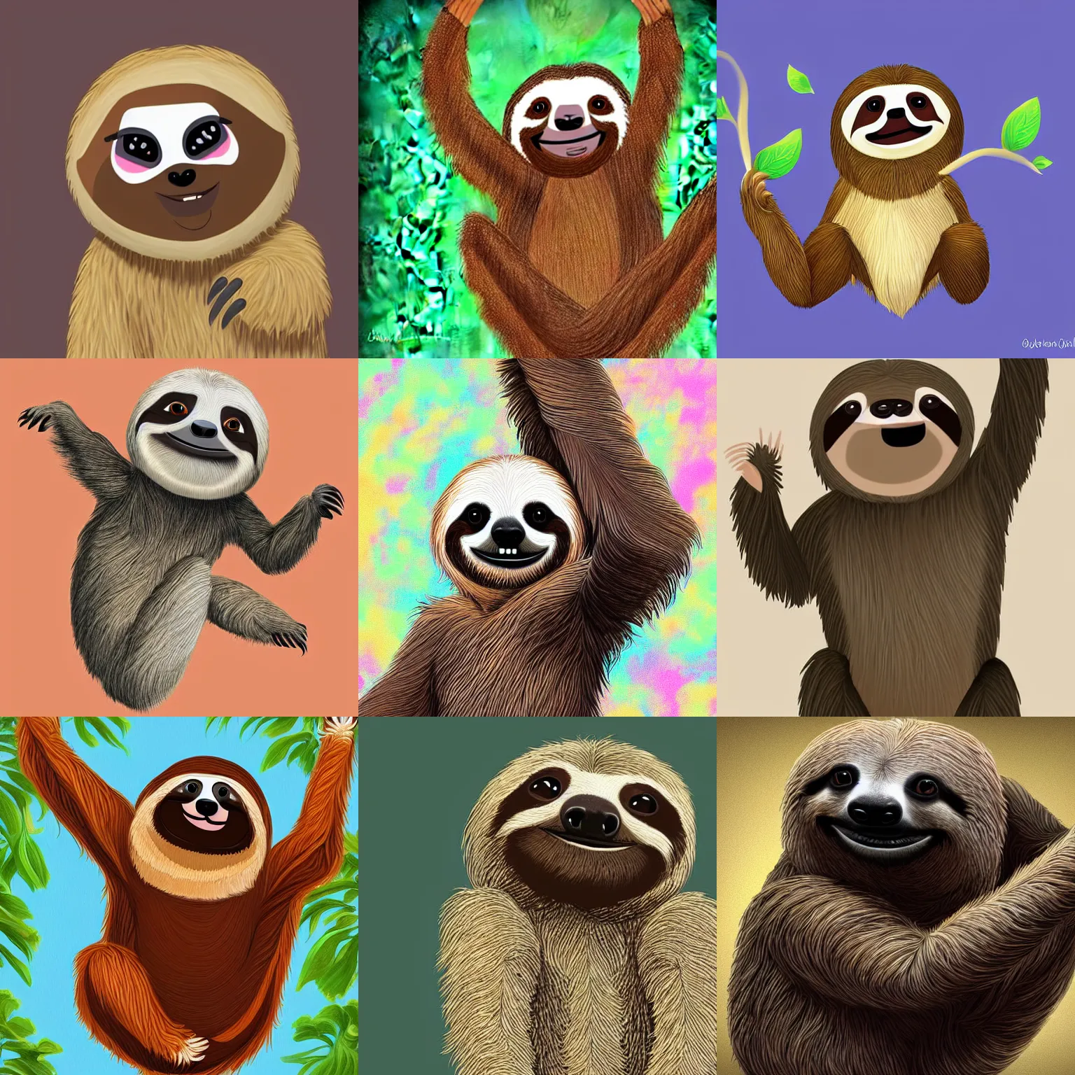 Prompt: a beautiful digital painting of a happy sloth dancing like a human