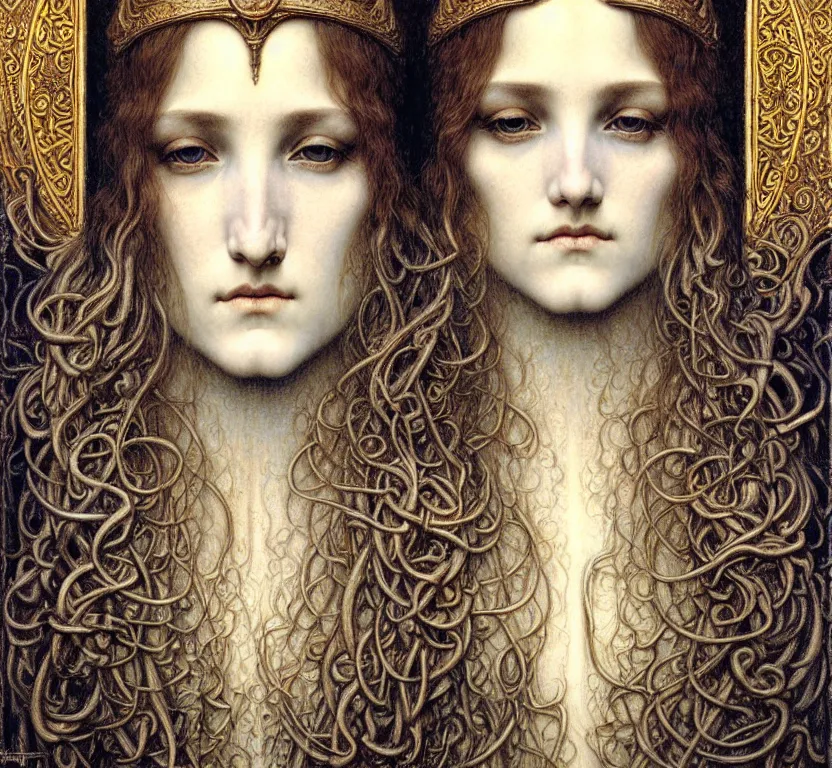 Image similar to detailed realistic beautiful young medieval queen face portrait by jean delville, gustave dore and marco mazzoni, art nouveau, symbolist, visionary, gothic, pre - raphaelite. horizontal symmetry