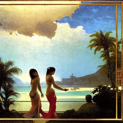 Image similar to Silhouette of two girls at the palace, thunderstorm, greek pool, beach and palm trees on the background major arcana sky, by paul delaroche, alphonse mucha and arnold böcklin arnold böcklin hyperrealistic 8k, very detailed