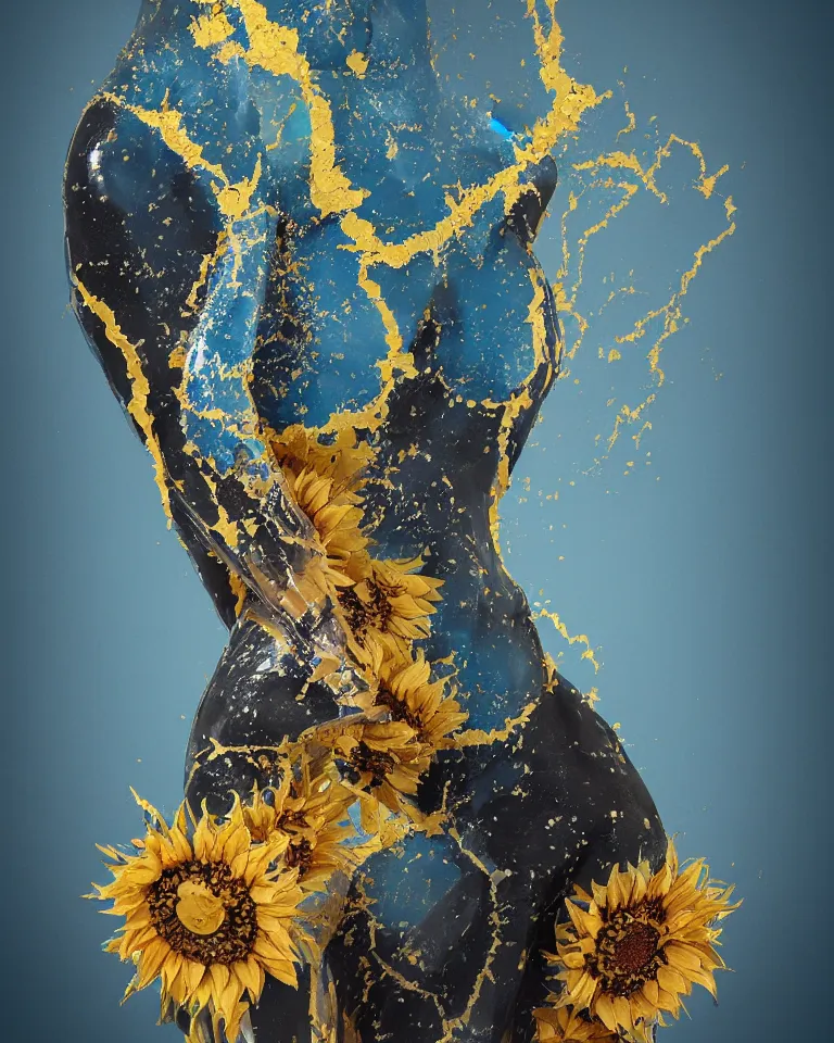 Prompt: symmetrical painting of a fractured obsidian greek woman statue of a topaz spikes sunflowers lightblue dripping paint fixed with kintsugi, rendered in octane trending on cgsociety. extremely detailed and intricate art