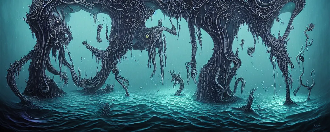 Image similar to whimsical watery alchemical monsters, surreal dark uncanny painting by ronny khalil