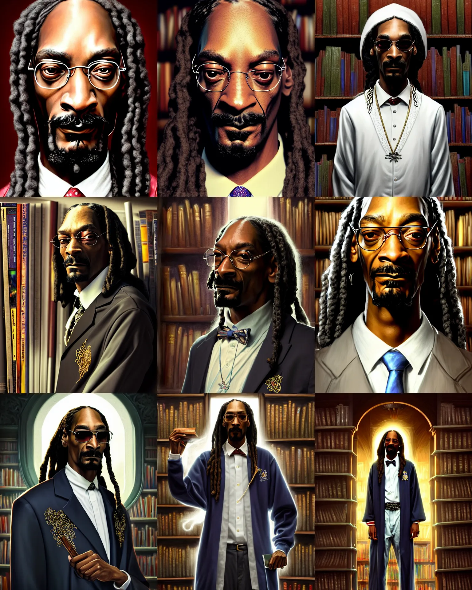 Prompt: Close-up Portrait of Snoop Dogg, long white hair, D&D fantasy, magic school uniform, standing against a bookshelf in a library, god rays, intricate, highly detailed, digital painting, artstation, concept art, sharp focus, illustration, art by greg rutkowski and ross tran