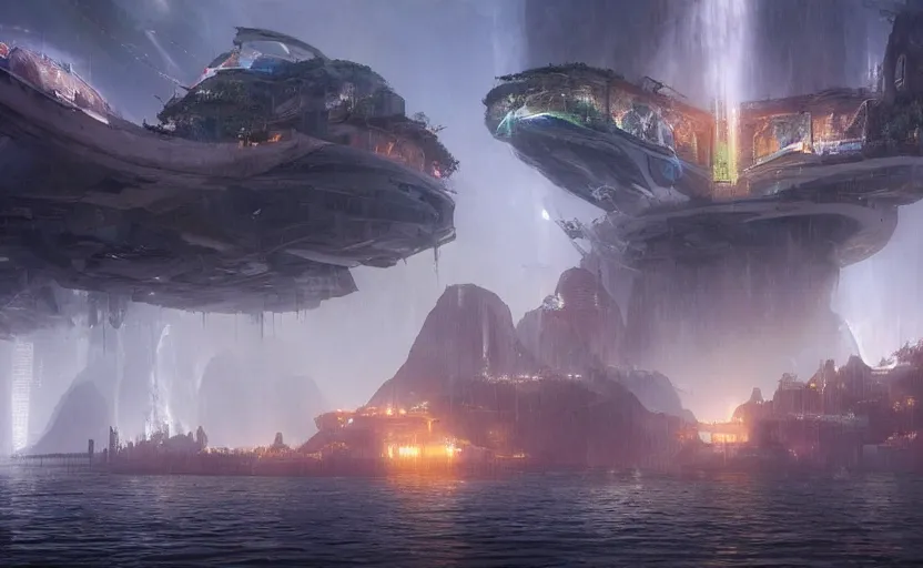 Prompt: a beautiful photo of a metropolis built on a island floating above the sea in the sky, waterfalls fall from the island into the sea, realistic, video game concept art, scifi, highly detailed, photography, ue 5, imax quality, cinematic, epic lighting, in the style of doom and quake and greg rutkowski