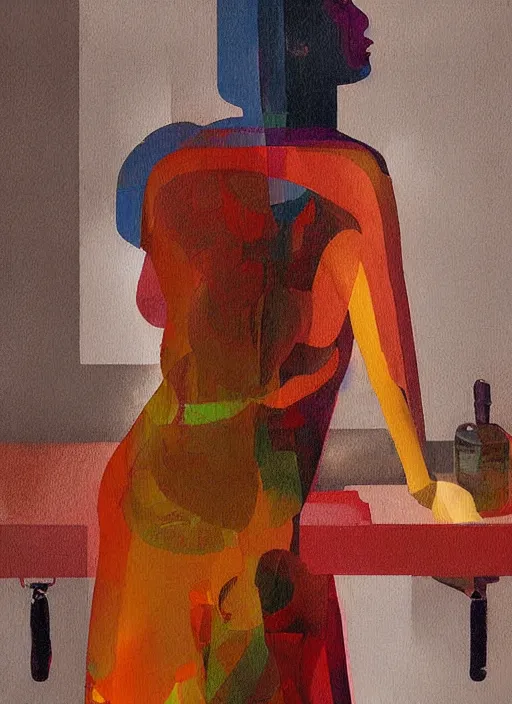 Image similar to a beautiful glitched painting by christian hook and alex kanevsky of a woman in a bathroom, still life, warm colors