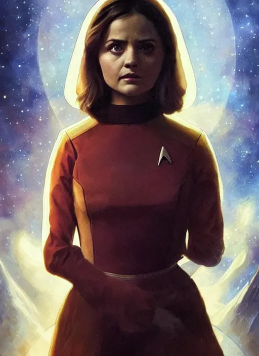 Image similar to jenna coleman as a star trek captain, a still from star trek painted by artgerm and greg rutkowski and alphonse mucha. clear highly detailed face, beautiful sci fi art