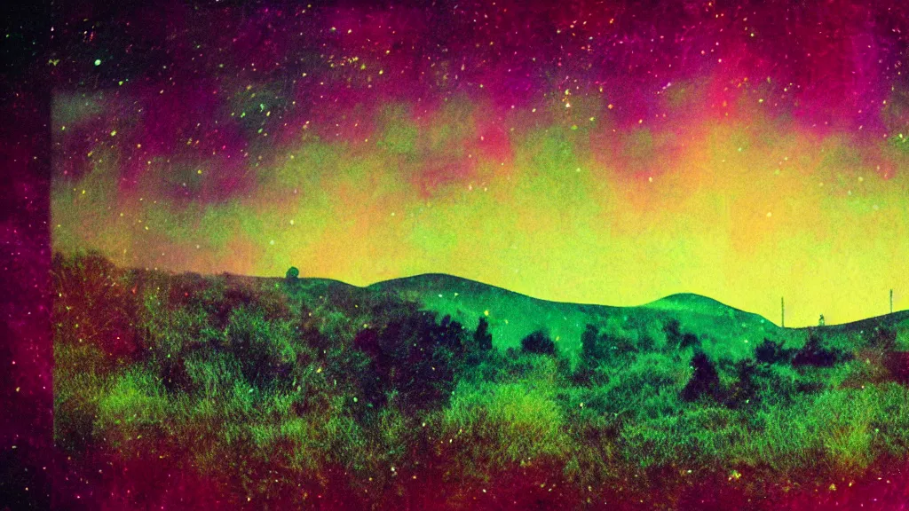 Image similar to double exposure of a beautiful golden hour welsh hill and beautifully enchanted fields, moonlight, aurora borealis, cosmic stars, grainy film, cinematic, haunted psychedelic VHS glitch