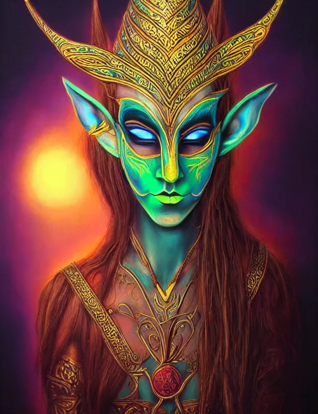 Prompt: elven masked deity. this air brush painting by an indie artist has an interesting color scheme, plenty of details and impeccable lighting.