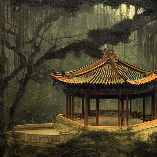 Image similar to old pavilion in the forest, by lang jingshan,