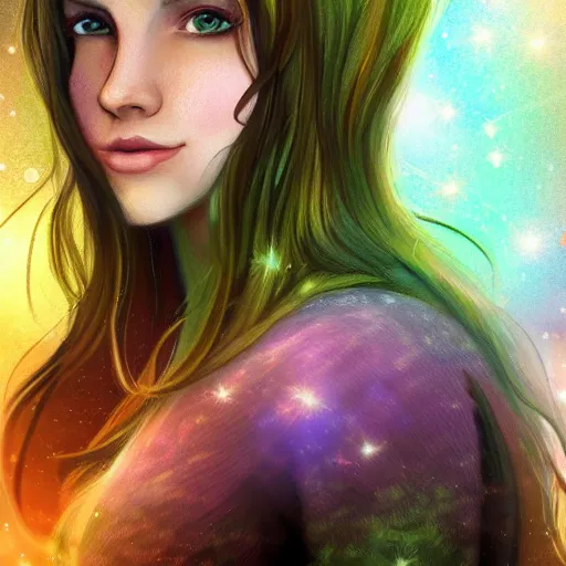 Prompt: an hd photo of a young woman with medium brown hair and green eyes. background of beautiful trees and night sky with colorful stars and galaxies, trending on artstation