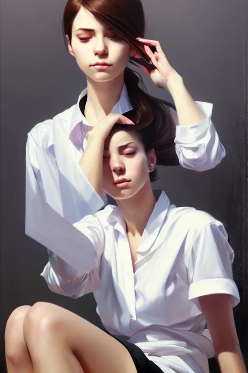 Image similar to a ultradetailed beautiful portrait panting of a stylish woman sitting in a bath, she is wearing a white shirt with a tie, oil painting, by ilya kuvshinov, greg rutkowski and makoto shinkai