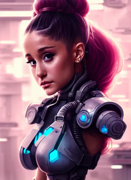 Image similar to ariana grande as a weaponized cyborg, cyberpunk, intricate wirings, highly detailed, sci - fi, octane render, 8 k, sharp focus, smooth, beautiful and graceful, art by artgerm, greg rutkowski, tian zi, soey milk