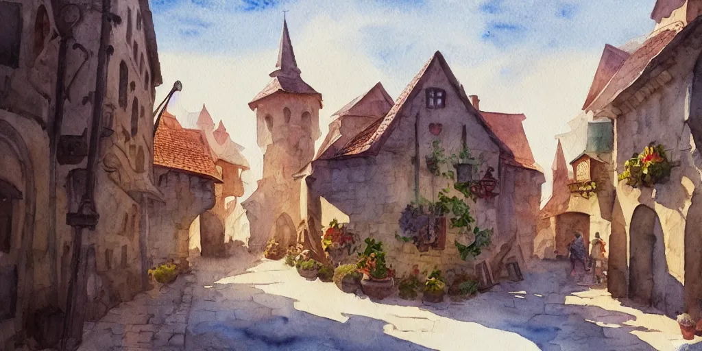 Prompt: medieval town, summer morning light, watercolor painting, trending on artstation, hq, deviantart, art by artgem
