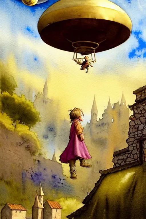 Prompt: a hyperrealist watercolor concept art of an elegant golden ufo in the sky above a small medieval town. one single dirty medieval peasant child is floating away up to the sky. very muted colors, by rebecca guay, michael kaluta, charles vess. high detail, hq, wide shot, 4 k