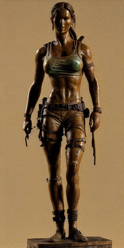 Prompt: detailed photo of an old bronze patina statue of beautiful lara croft, full body portrait, photorealism, intricate detail, museum diffuse lighting