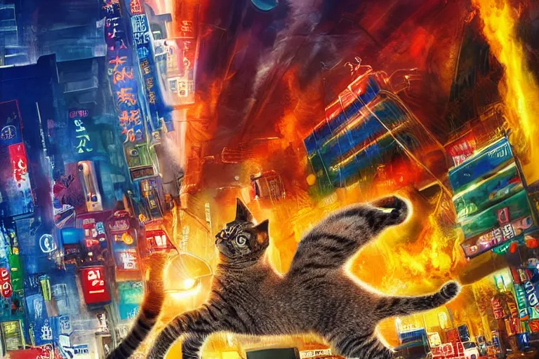 Image similar to cat attacking Tokyo, disaster movie poster, masterpiece, masterwork, cgstudio