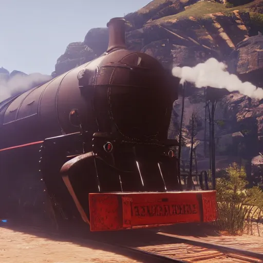 Image similar to futuristic sleek steam locomotive in red dead redemption 2