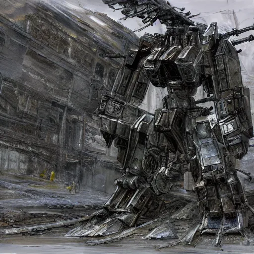 Image similar to Armored Core concept art, concept art, partially destroyed structures, 8k, sand, mecha, weapons, masterpiece