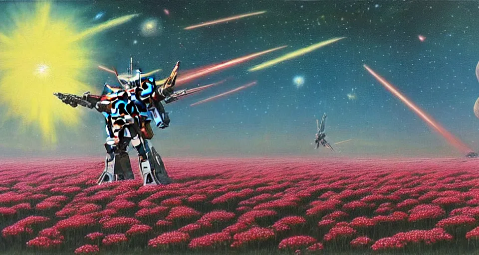 Prompt: a beautiful painting of a large mechanical mecha gundam in a field of flowers by moebius, underneath a star filled night sky, harold newton, zdzislaw beksinski, donato giancola, warm coloured, gigantic pillars and flowers, maschinen krieger, beeple, star trek, star wars, ilm, atmospheric perspective