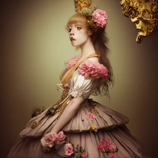 Image similar to 8k, octane render, realism, tonalism, renaissance, rococo, baroque, portrait of a young lady wearing long harajuku manga dress with flowers and skulls, background chaotic gold leaf flowers