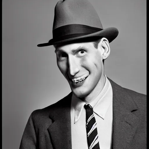 Image similar to A photograph portrait of Jerma985 wearing a suit with and fedora in the 1950s, taken in the early 1950s, grainy, taken on a 1950s Kodak Camera, realistic, hyperrealistic, very realistic, highly detailed, very detailed, extremely detailed, detailed, digital art, trending on artstation