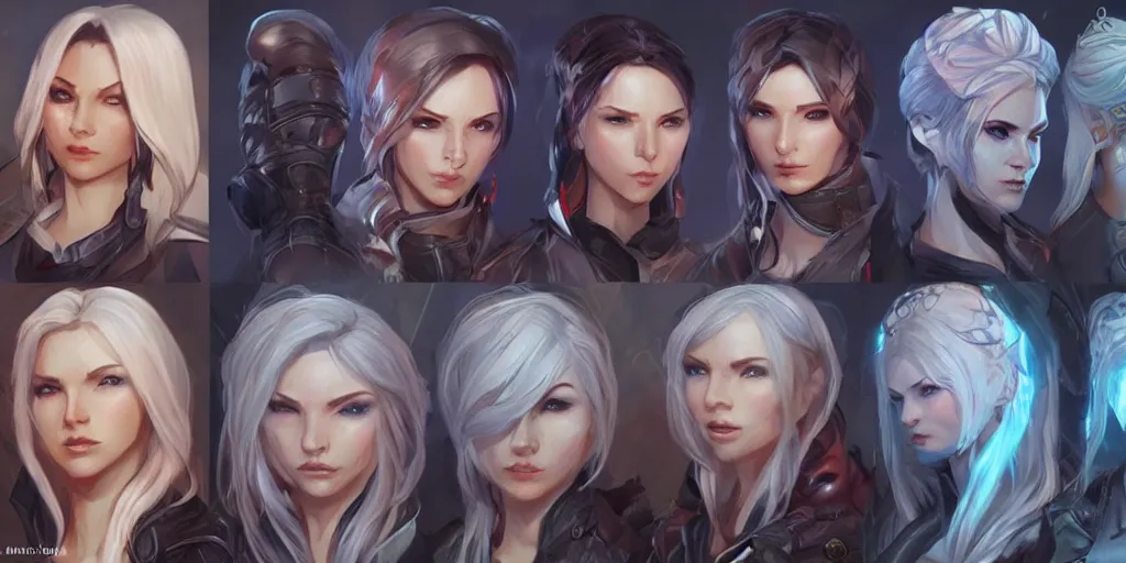 Image similar to concept art of russian female netrunner d & d video game characters head designs, unique hair designs, by marc brunet and artgerm