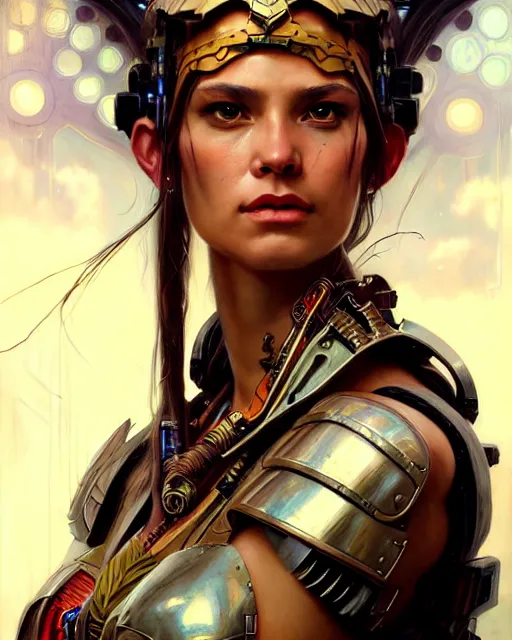 Prompt: portrait of a beautiful cyberpunk amazonian woman wearing a warrior armor, beautiful symmetrical face, fantasy, regal, by stanley artgerm lau, greg rutkowski, thomas kindkade, alphonse mucha, loish, norman rockwell.