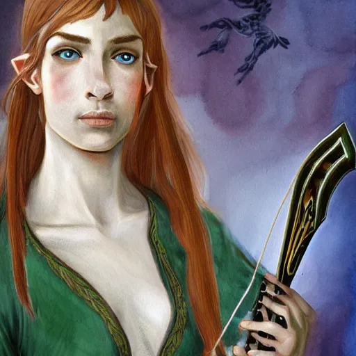 Prompt: portrait of a half elf bard with sandy brown hair and pale skin, detailed painting, fantasy style